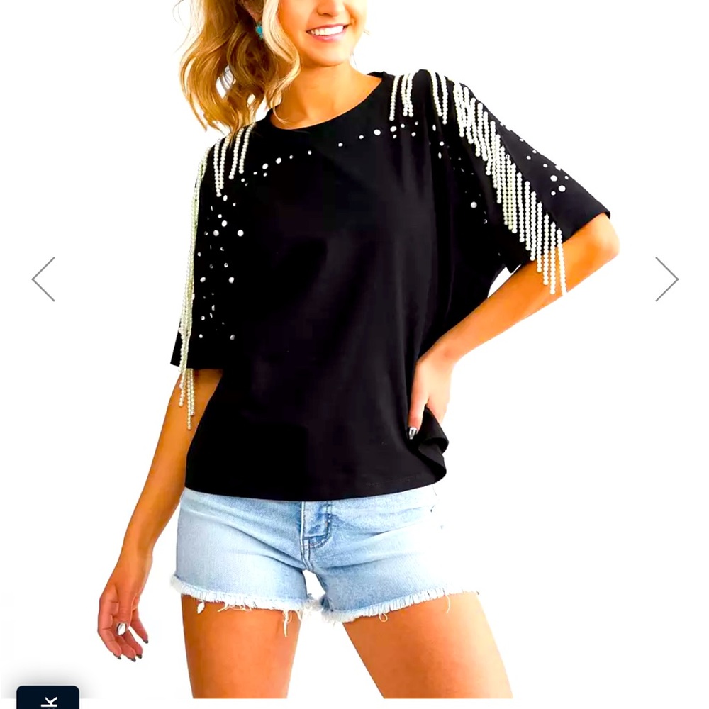 Blue B faux pearl fringe t shirt top
